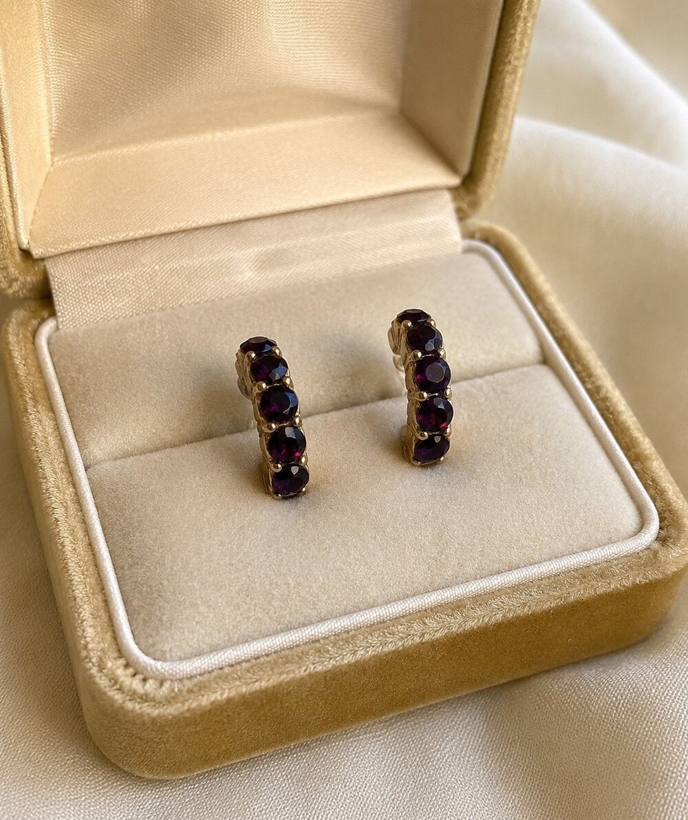 Vintage Gold Tone Purple Crystal Huggie Earrings